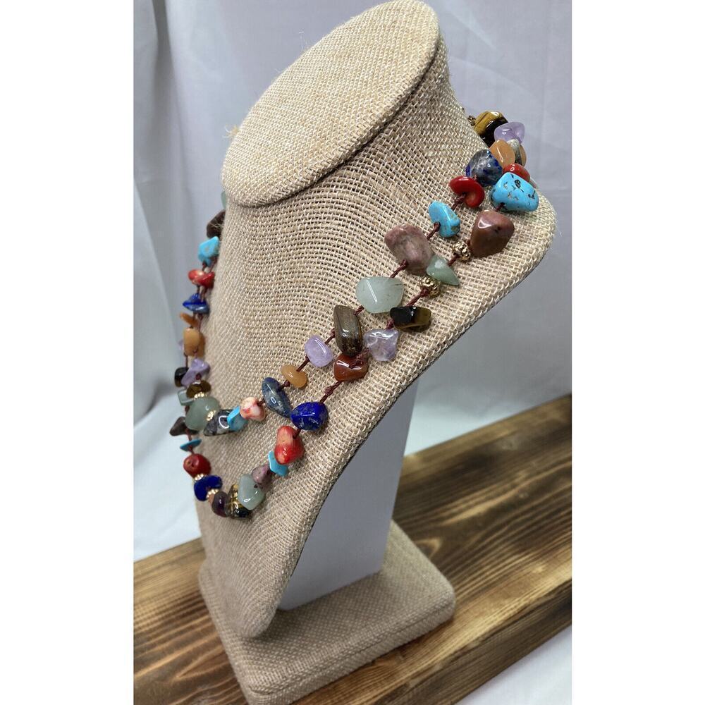 Vintage Semi Precious Stone Rope Knot Necklace Amethyst Tigers Eye Signed V - Picture 4 of 8